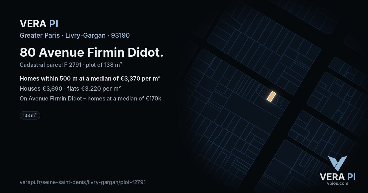 80 Avenue Firmin Didot, Livry-Gargan at night – the plot lit, the parcels around coloured by the prices near them