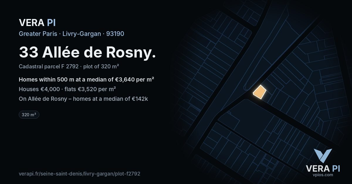 33 Allée de Rosny, Livry-Gargan at night – the plot lit, the parcels around coloured by the prices near them