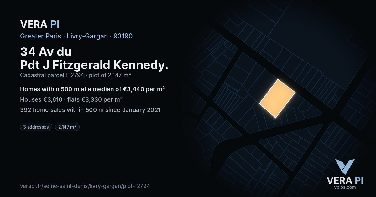 34 Av du Pdt J Fitzgerald Kennedy, Livry-Gargan at night – the plot lit, the parcels around coloured by the prices near them