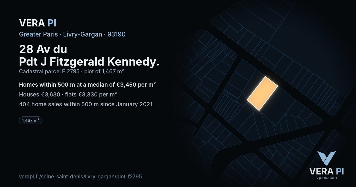 28 Av du Pdt J Fitzgerald Kennedy, Livry-Gargan at night – the plot lit, the parcels around coloured by the prices near them