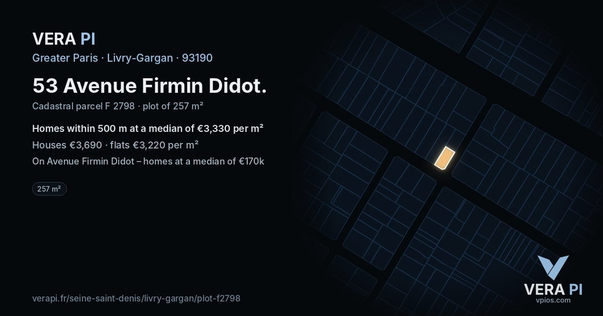 53 Avenue Firmin Didot, Livry-Gargan at night – the plot lit, the parcels around coloured by the prices near them