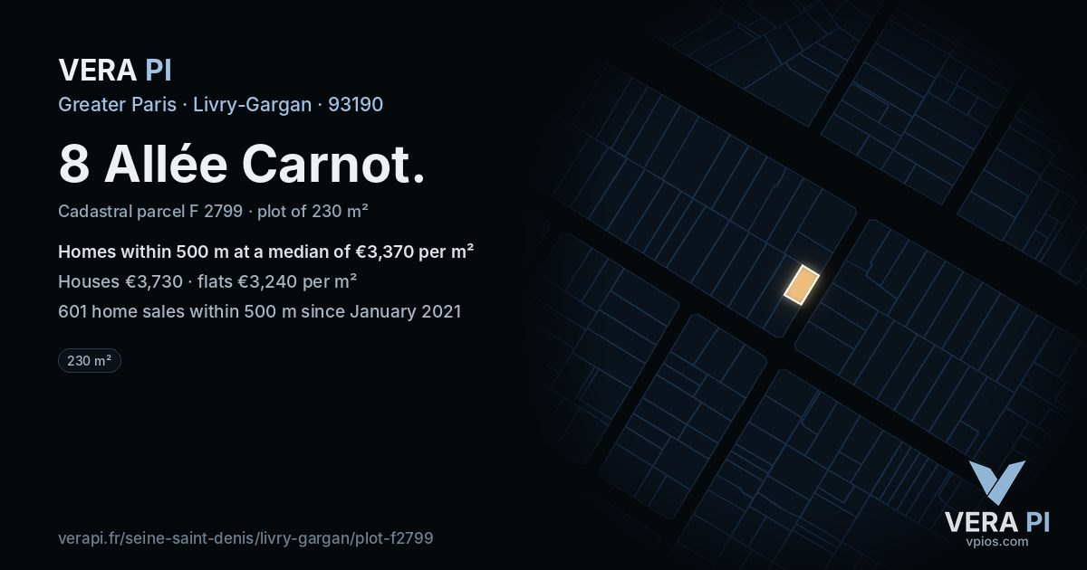 8 Allée Carnot, Livry-Gargan at night – the plot lit, the parcels around coloured by the prices near them