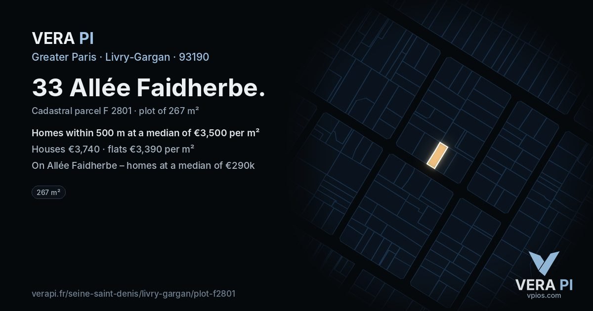 33 Allée Faidherbe, Livry-Gargan at night – the plot lit, the parcels around coloured by the prices near them