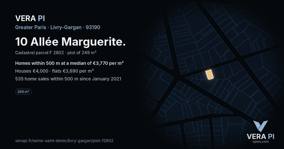 10 Allée Marguerite, Livry-Gargan at night – the plot lit, the parcels around coloured by the prices near them