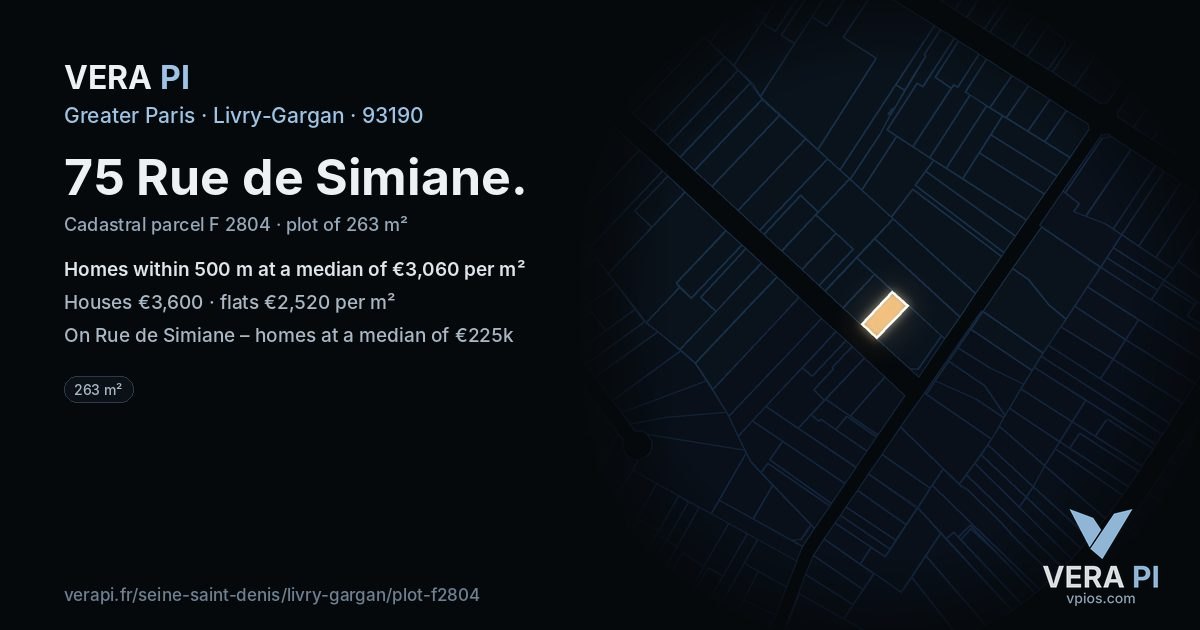 75 Rue de Simiane, Livry-Gargan at night – the plot lit, the parcels around coloured by the prices near them