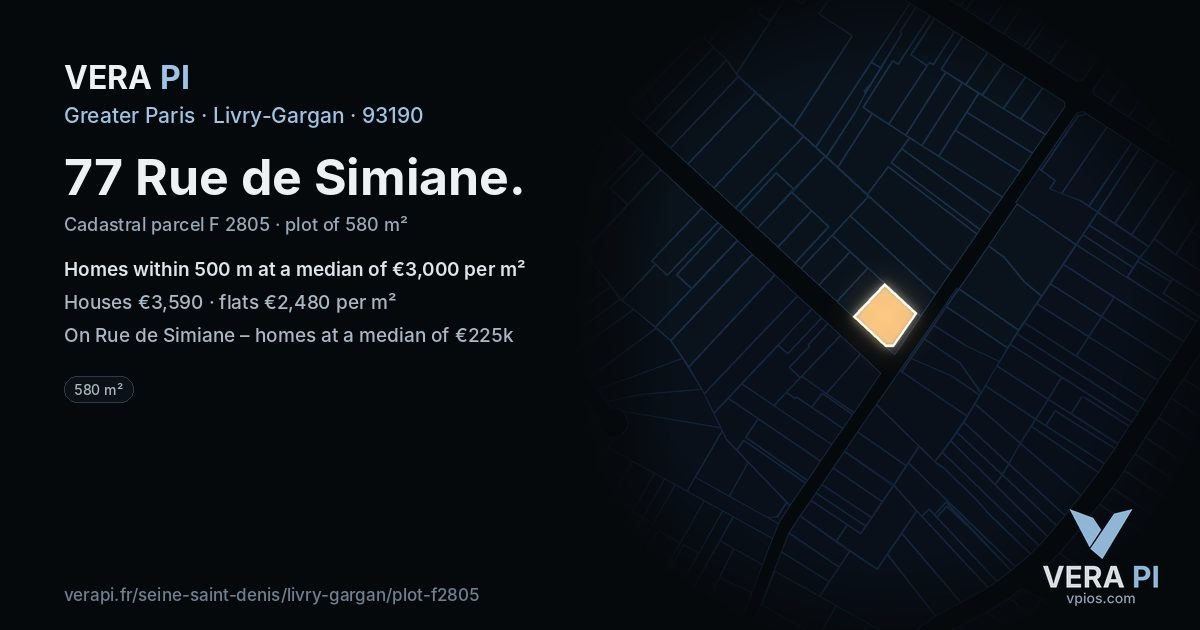 77 Rue de Simiane, Livry-Gargan at night – the plot lit, the parcels around coloured by the prices near them