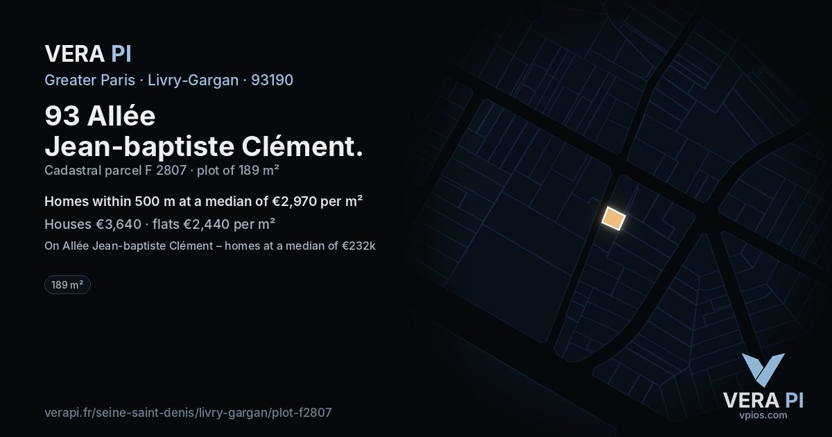 93 Allée Jean-baptiste Clément, Livry-Gargan at night – the plot lit, the parcels around coloured by the prices near them