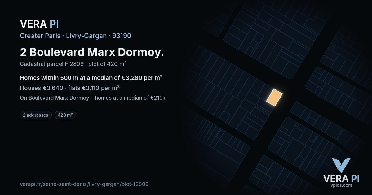 2 Boulevard Marx Dormoy, Livry-Gargan at night – the plot lit, the parcels around coloured by the prices near them