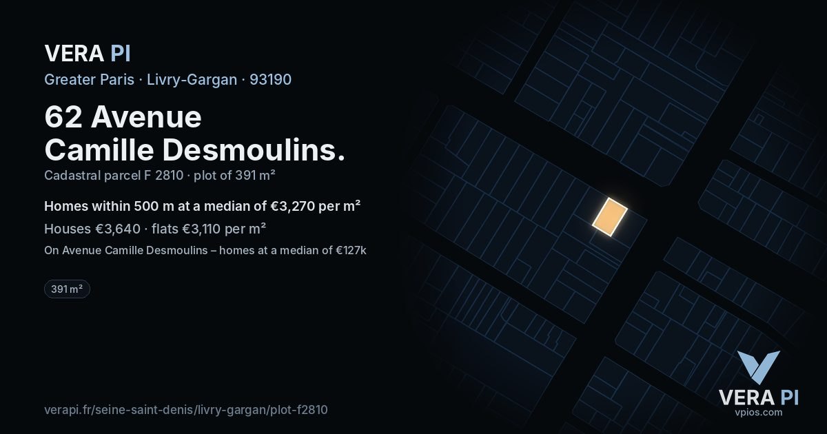 62 Avenue Camille Desmoulins, Livry-Gargan at night – the plot lit, the parcels around coloured by the prices near them
