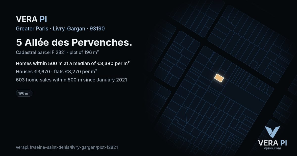 5 Allée des Pervenches, Livry-Gargan at night – the plot lit, the parcels around coloured by the prices near them