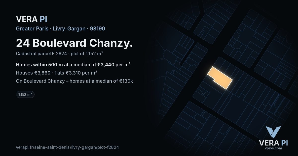 24 Boulevard Chanzy, Livry-Gargan at night – the plot lit, the parcels around coloured by the prices near them