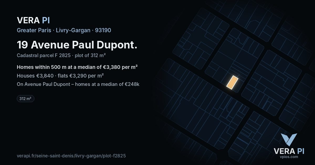 19 Avenue Paul Dupont, Livry-Gargan at night – the plot lit, the parcels around coloured by the prices near them