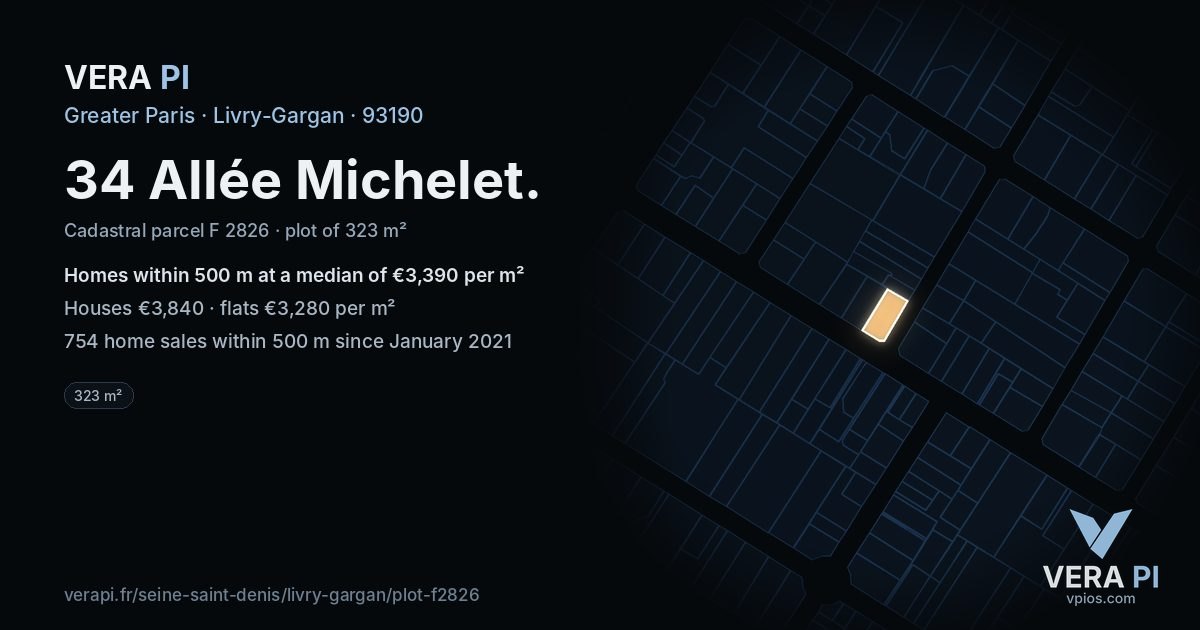 34 Allée Michelet, Livry-Gargan at night – the plot lit, the parcels around coloured by the prices near them