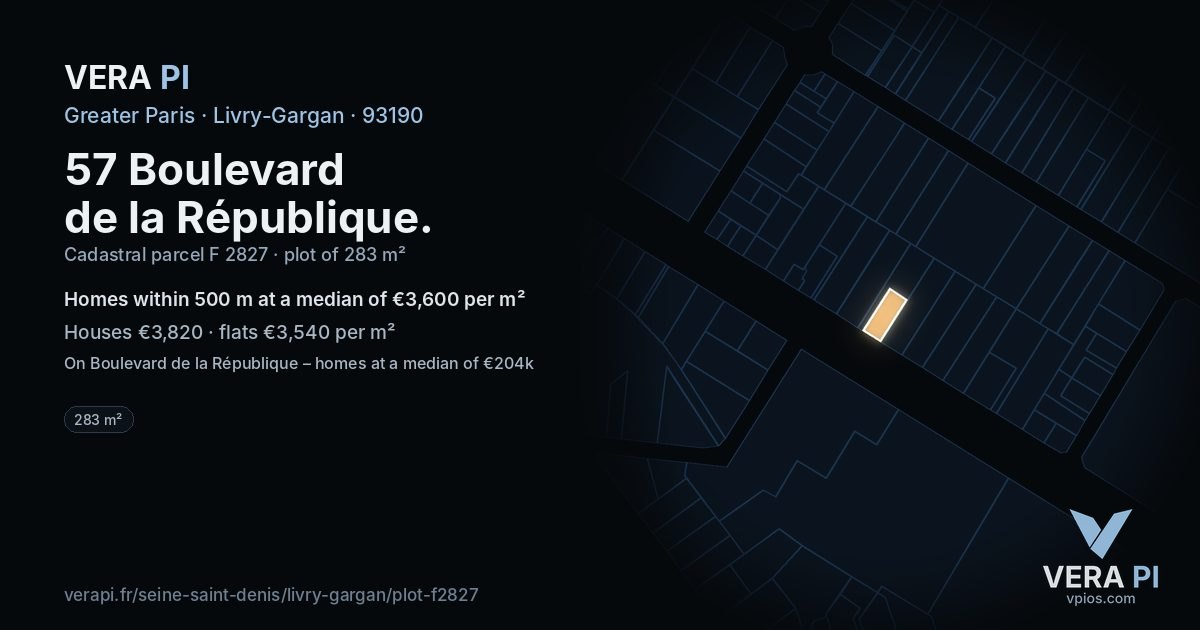 57 Boulevard de la République, Livry-Gargan at night – the plot lit, the parcels around coloured by the prices near them