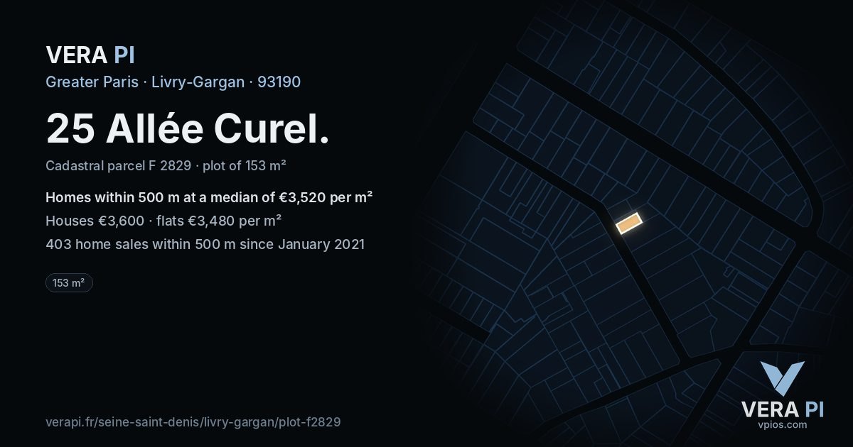 25 Allée Curel, Livry-Gargan at night – the plot lit, the parcels around coloured by the prices near them