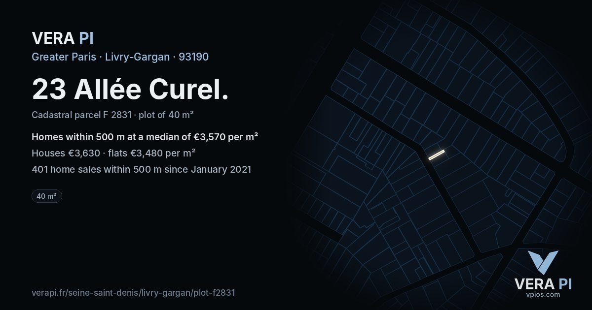 23 Allée Curel, Livry-Gargan at night – the plot lit, the parcels around coloured by the prices near them
