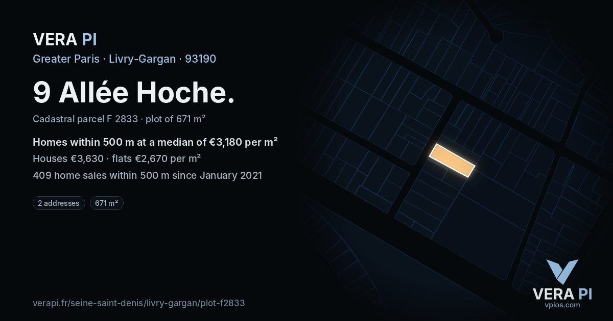 9 Allée Hoche, Livry-Gargan at night – the plot lit, the parcels around coloured by the prices near them