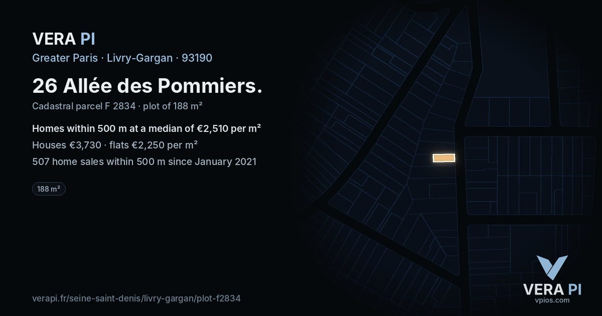 26 Allée des Pommiers, Livry-Gargan at night – the plot lit, the parcels around coloured by the prices near them