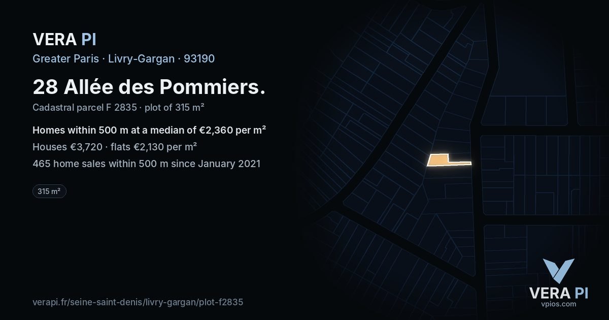 28 Allée des Pommiers, Livry-Gargan at night – the plot lit, the parcels around coloured by the prices near them