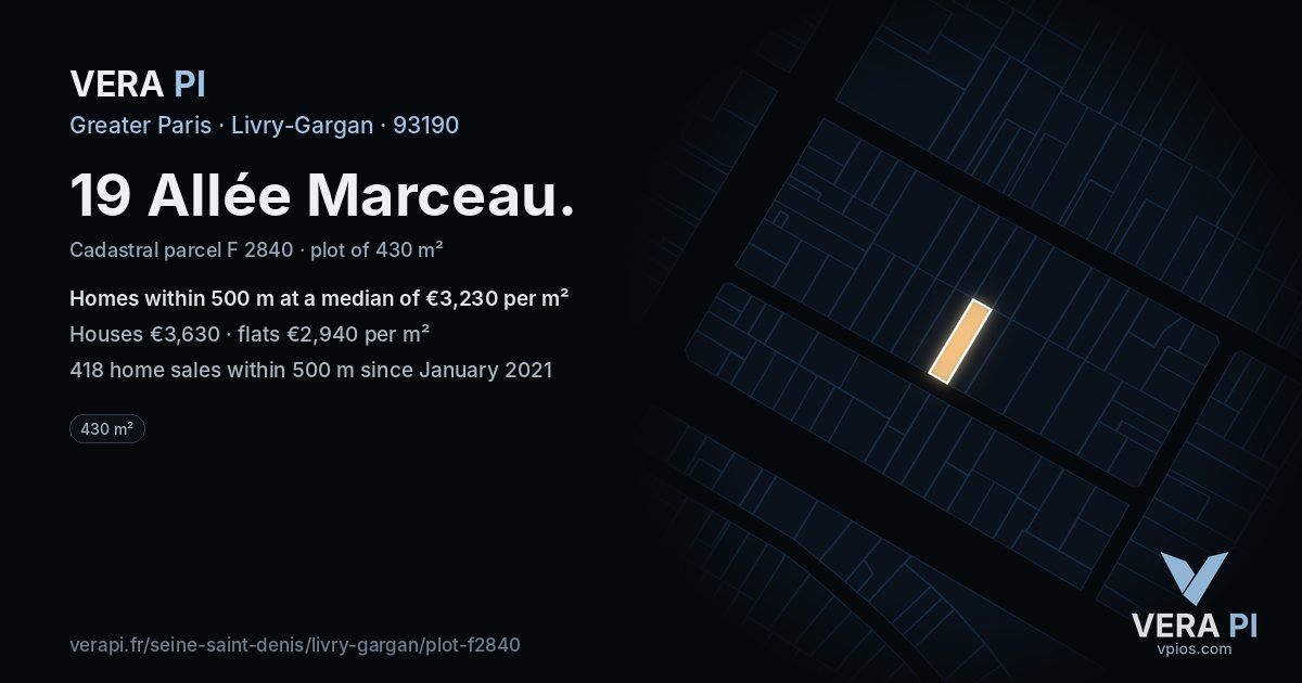 19 Allée Marceau, Livry-Gargan at night – the plot lit, the parcels around coloured by the prices near them