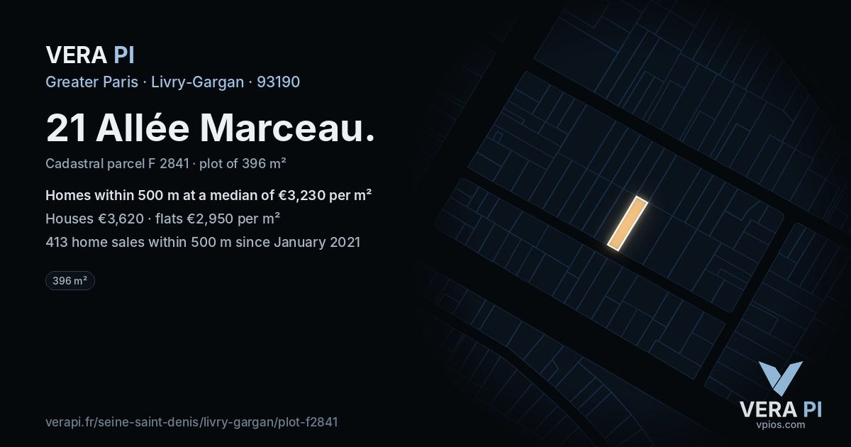 21 Allée Marceau, Livry-Gargan at night – the plot lit, the parcels around coloured by the prices near them