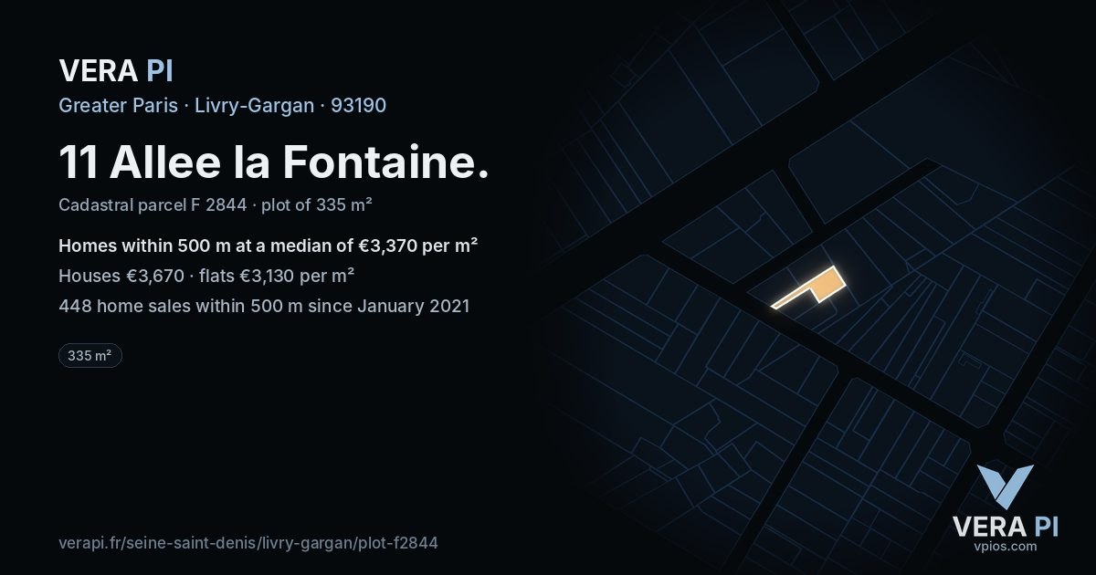 11 Allee la Fontaine, Livry-Gargan at night – the plot lit, the parcels around coloured by the prices near them