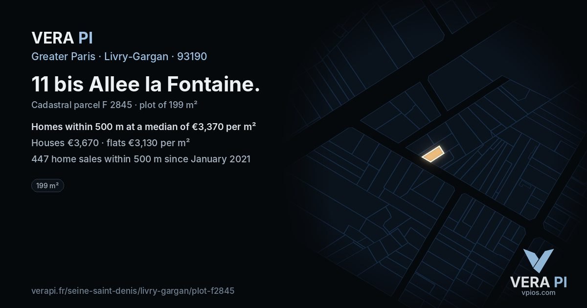 11 bis Allee la Fontaine, Livry-Gargan at night – the plot lit, the parcels around coloured by the prices near them