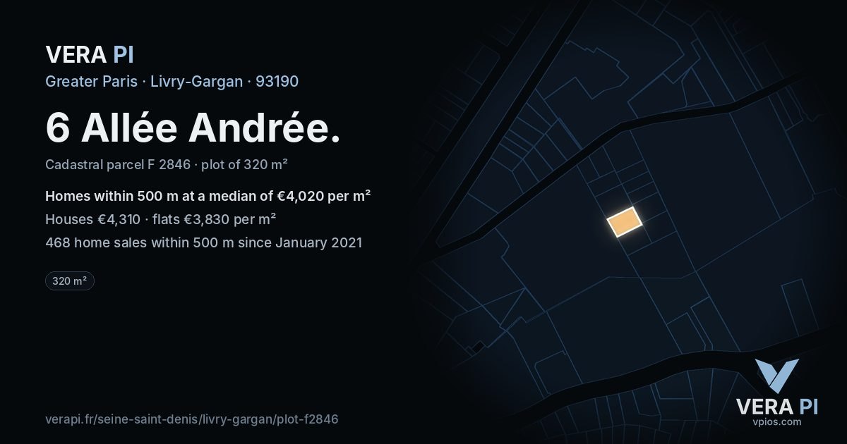 6 Allée Andrée, Livry-Gargan at night – the plot lit, the parcels around coloured by the prices near them