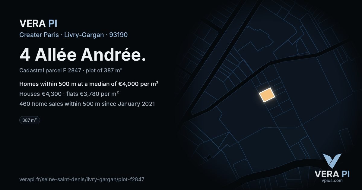 4 Allée Andrée, Livry-Gargan at night – the plot lit, the parcels around coloured by the prices near them