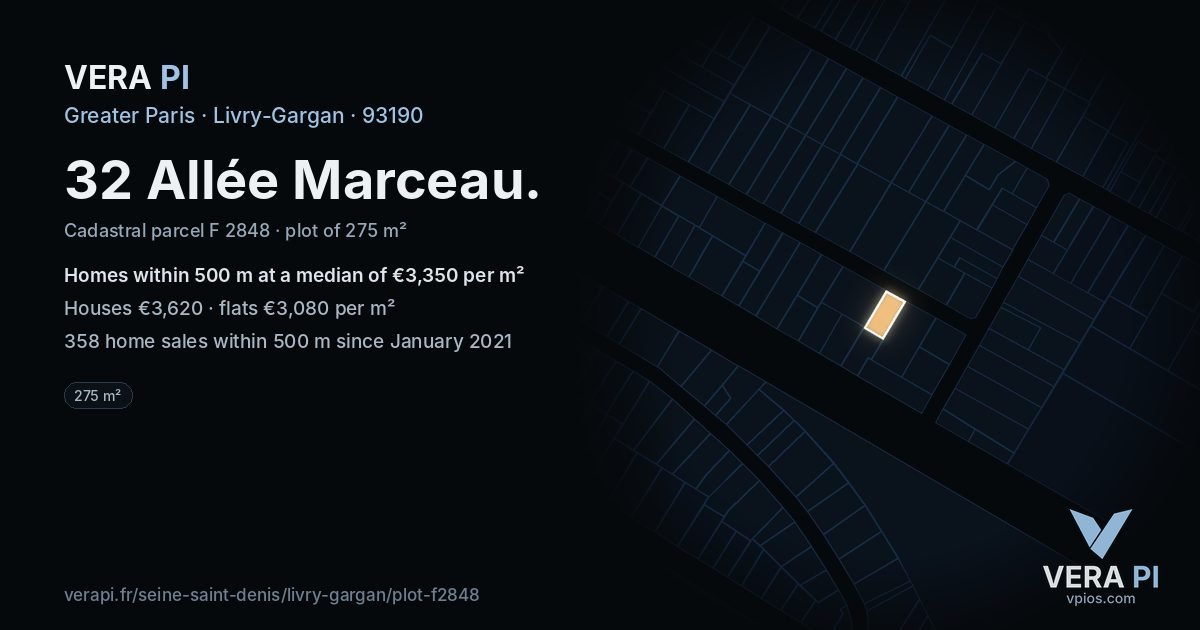 32 Allée Marceau, Livry-Gargan at night – the plot lit, the parcels around coloured by the prices near them