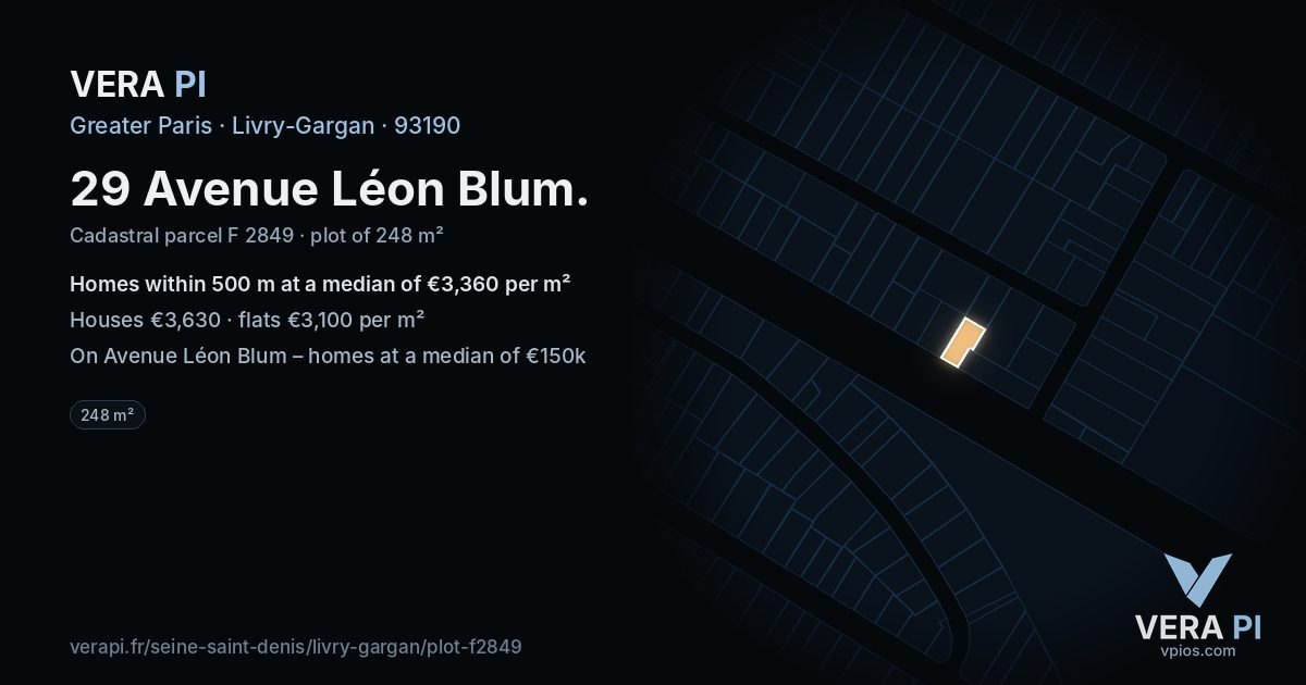 29 Avenue Léon Blum, Livry-Gargan at night – the plot lit, the parcels around coloured by the prices near them