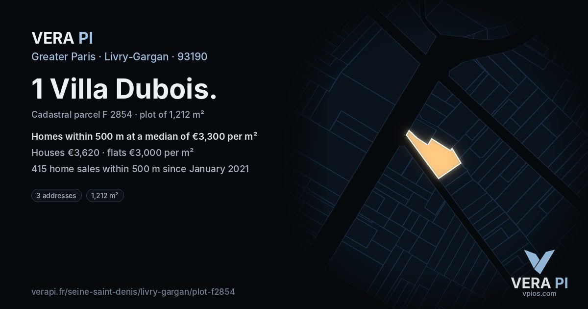 1 Villa Dubois, Livry-Gargan at night – the plot lit, the parcels around coloured by the prices near them