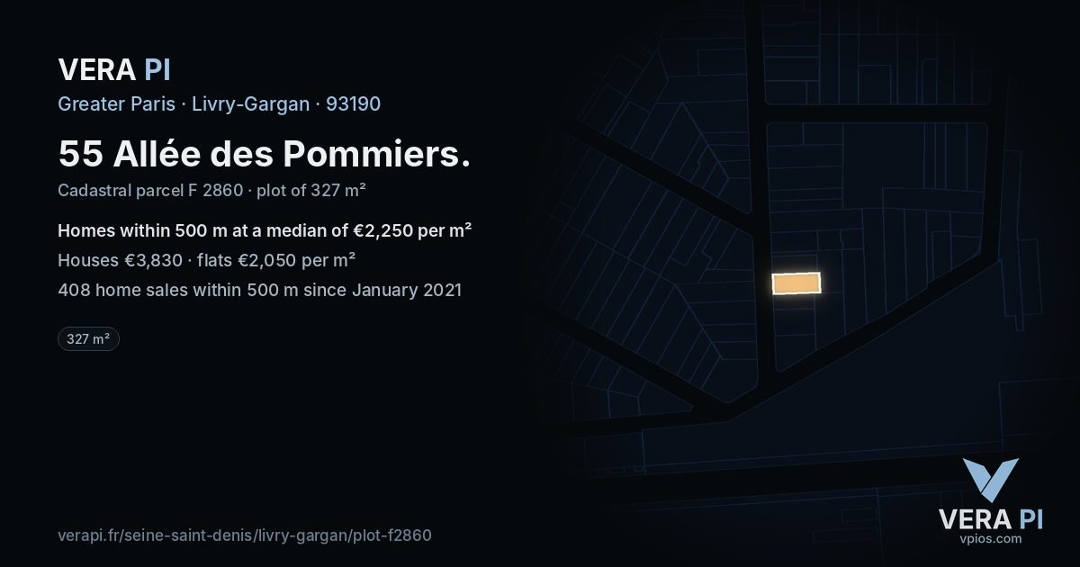 55 Allée des Pommiers, Livry-Gargan at night – the plot lit, the parcels around coloured by the prices near them