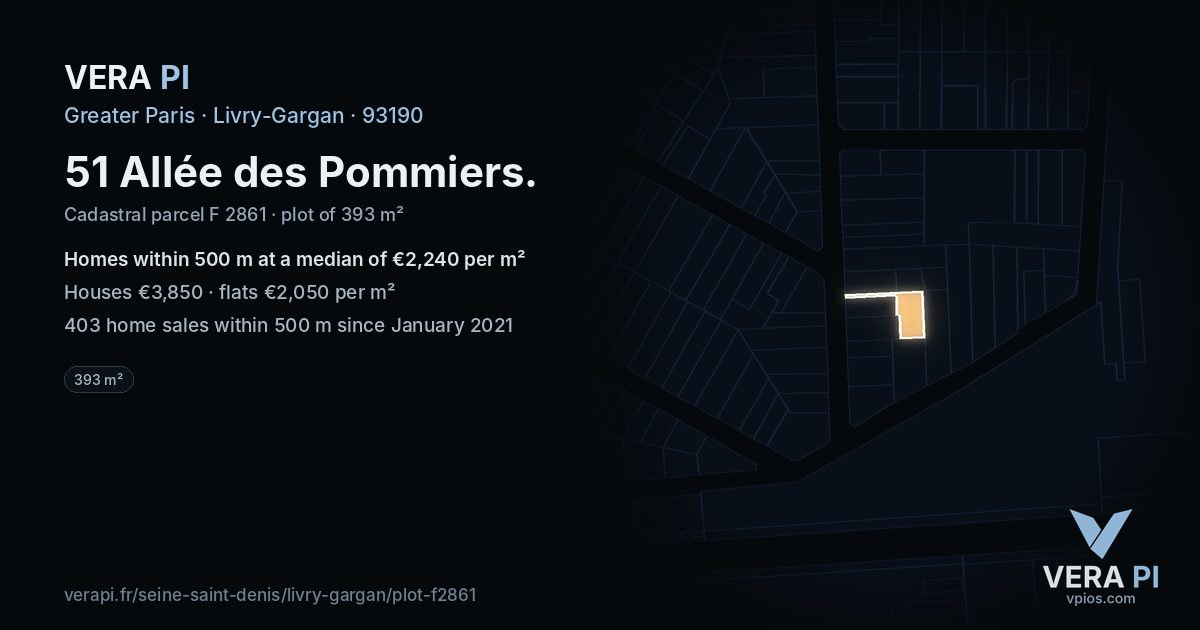 51 Allée des Pommiers, Livry-Gargan at night – the plot lit, the parcels around coloured by the prices near them