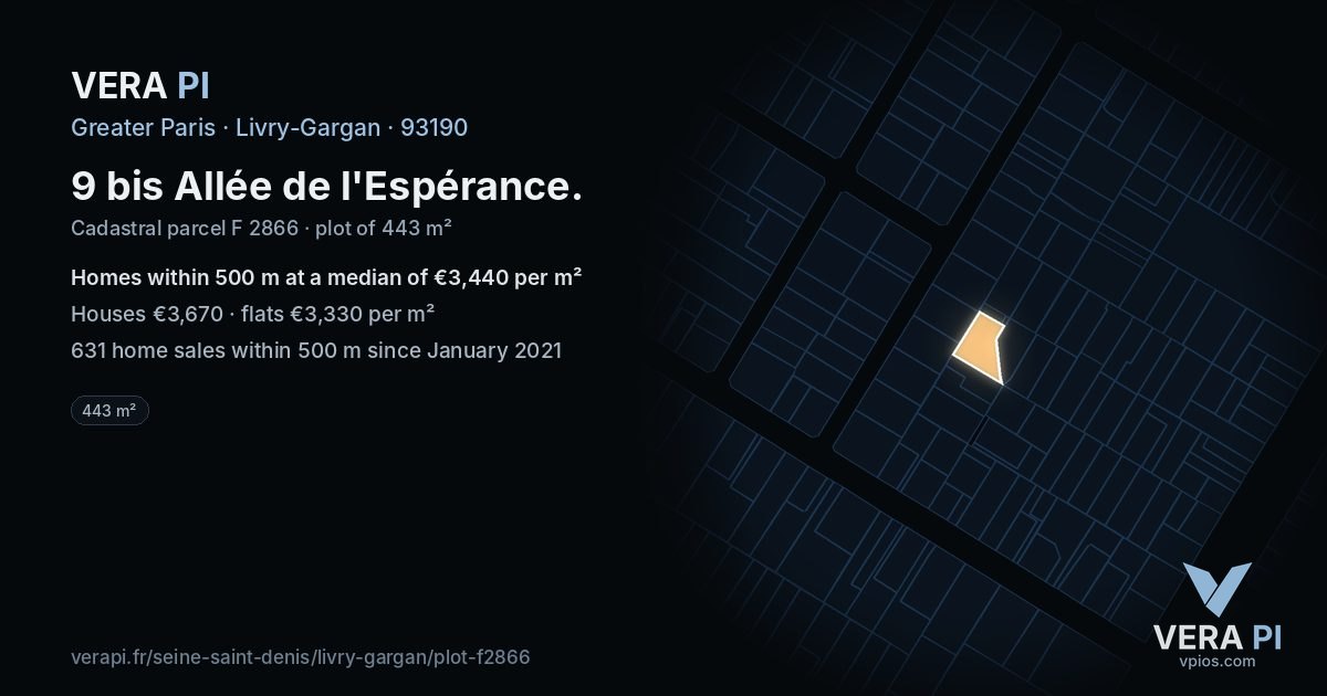 9 bis Allée de l'Espérance, Livry-Gargan at night – the plot lit, the parcels around coloured by the prices near them
