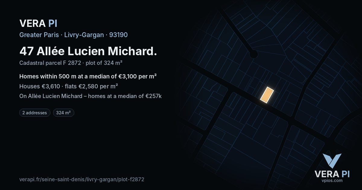 47 Allée Lucien Michard, Livry-Gargan at night – the plot lit, the parcels around coloured by the prices near them
