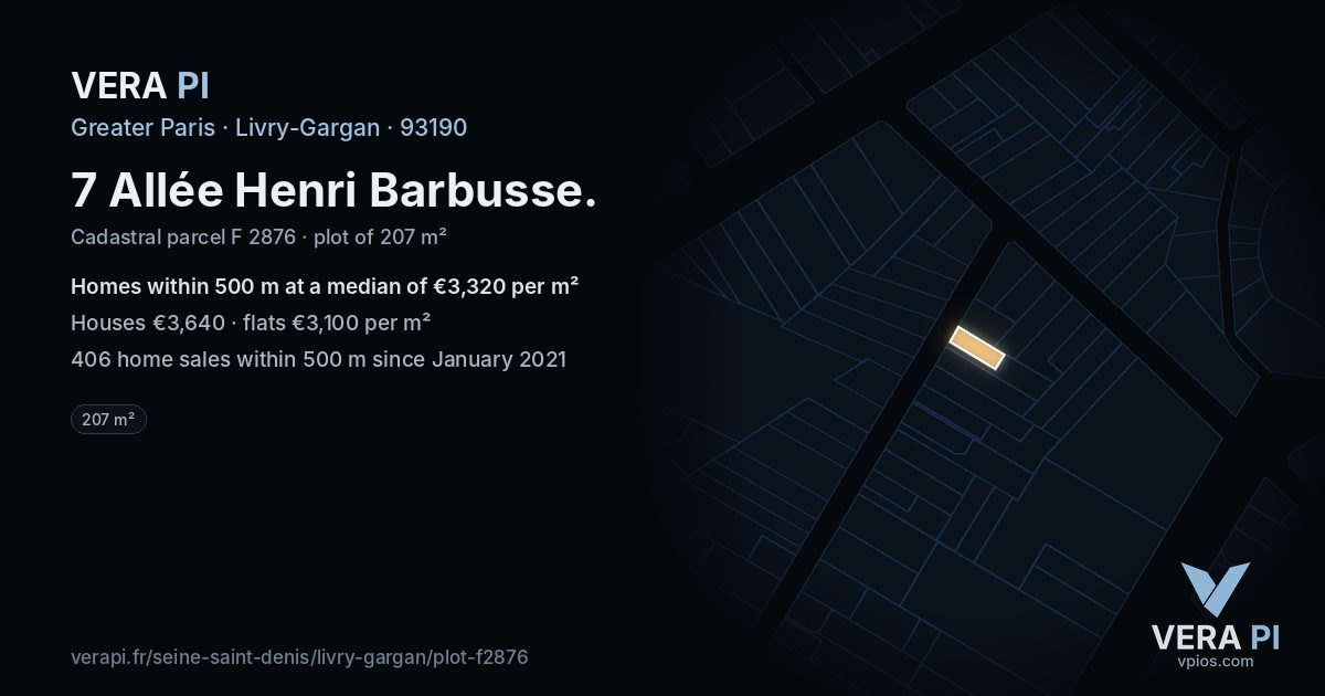 7 Allée Henri Barbusse, Livry-Gargan at night – the plot lit, the parcels around coloured by the prices near them
