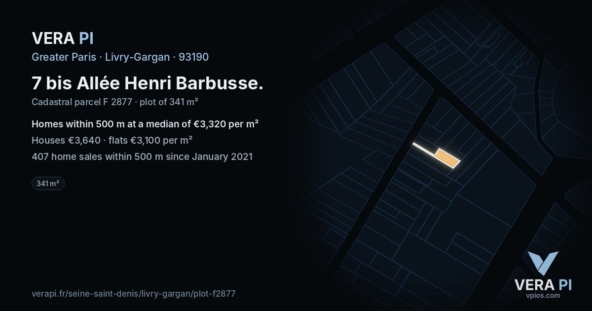 7 bis Allée Henri Barbusse, Livry-Gargan at night – the plot lit, the parcels around coloured by the prices near them