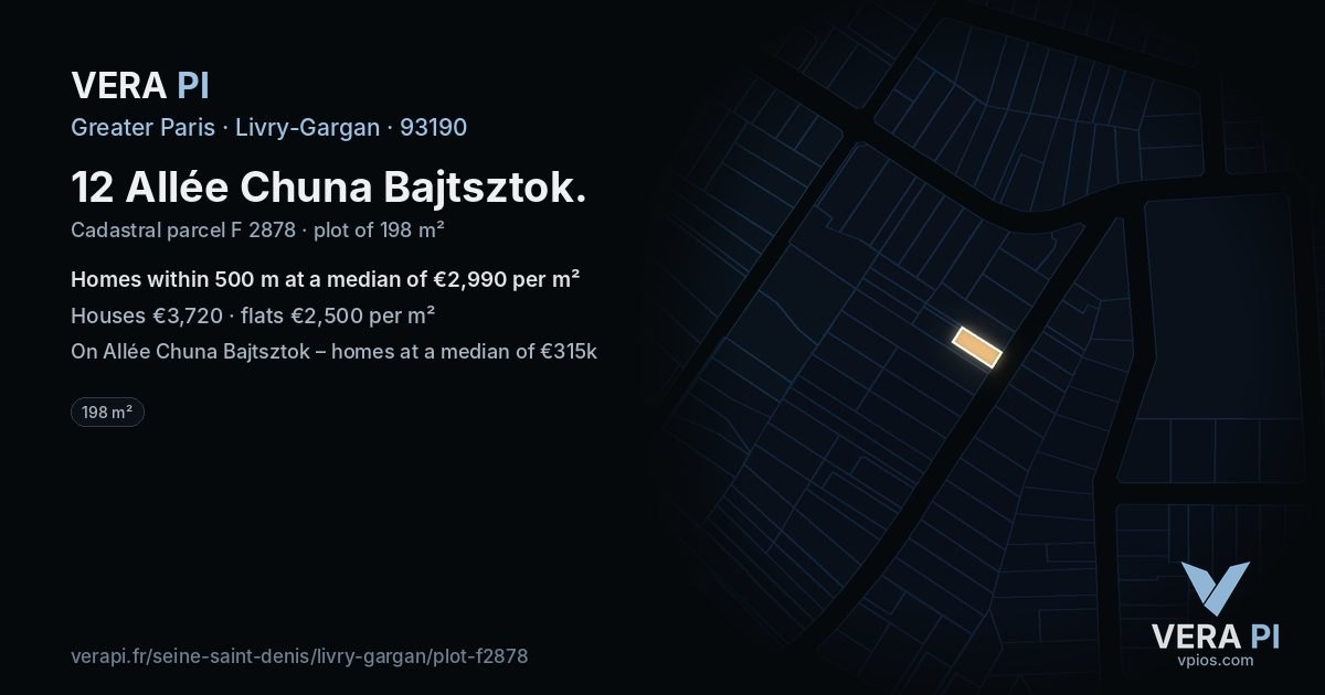 12 Allée Chuna Bajtsztok, Livry-Gargan at night – the plot lit, the parcels around coloured by the prices near them