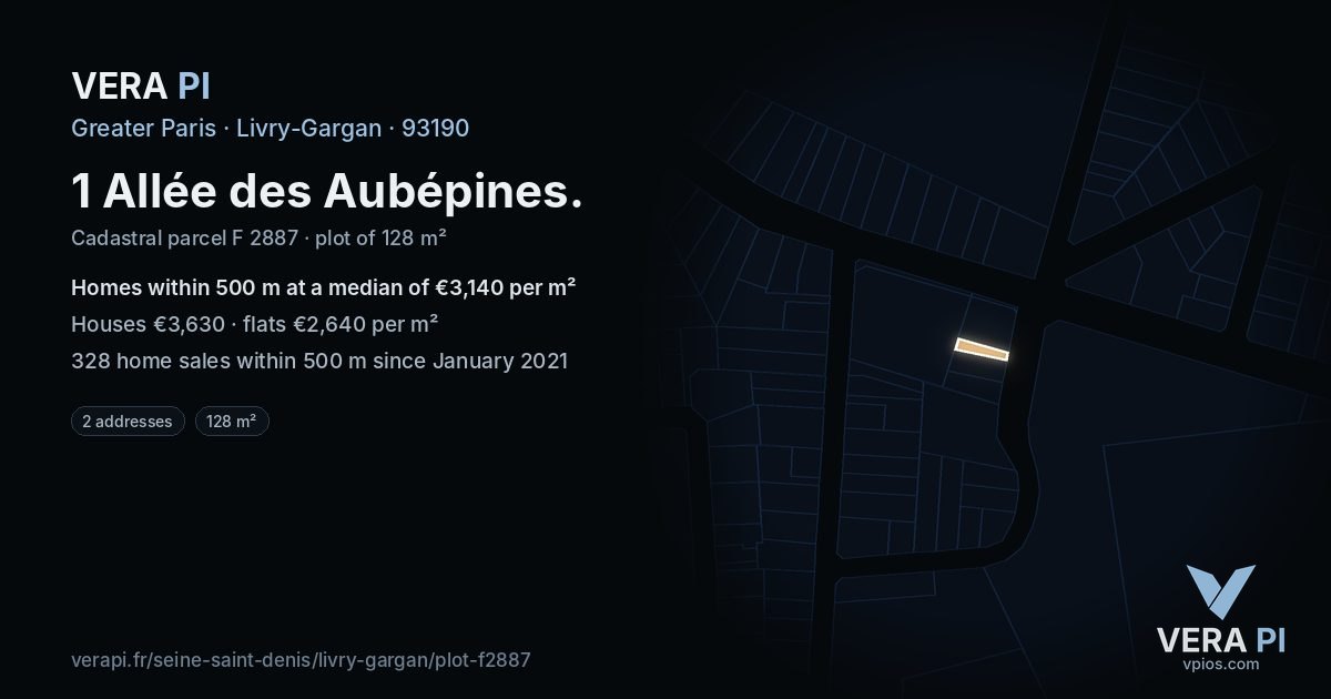 1 Allée des Aubépines, Livry-Gargan at night – the plot lit, the parcels around coloured by the prices near them