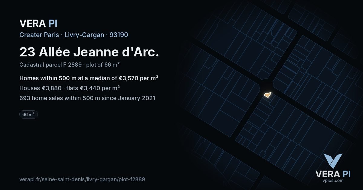 23 Allée Jeanne d'Arc, Livry-Gargan at night – the plot lit, the parcels around coloured by the prices near them