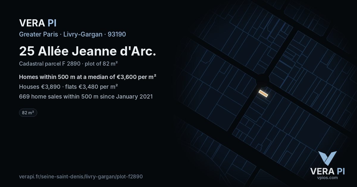25 Allée Jeanne d'Arc, Livry-Gargan at night – the plot lit, the parcels around coloured by the prices near them