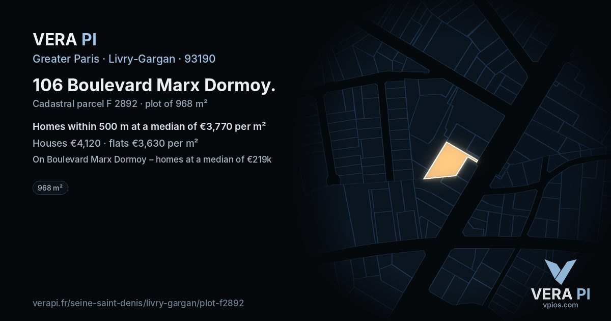 106 Boulevard Marx Dormoy, Livry-Gargan at night – the plot lit, the parcels around coloured by the prices near them