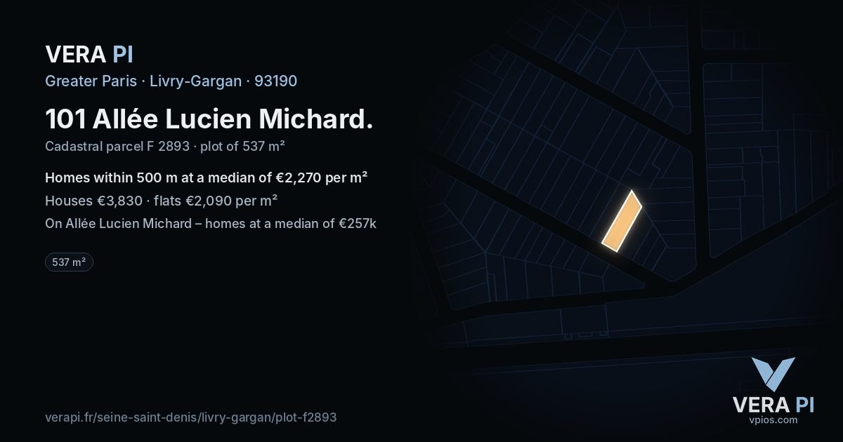 101 Allée Lucien Michard, Livry-Gargan at night – the plot lit, the parcels around coloured by the prices near them