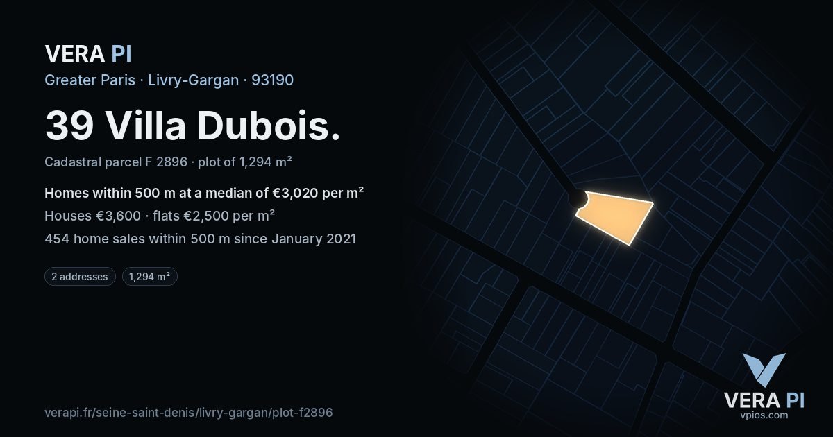 39 Villa Dubois, Livry-Gargan at night – the plot lit, the parcels around coloured by the prices near them
