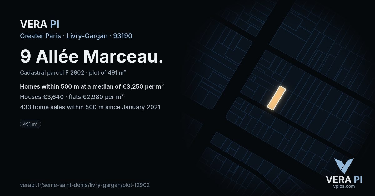9 Allée Marceau, Livry-Gargan at night – the plot lit, the parcels around coloured by the prices near them