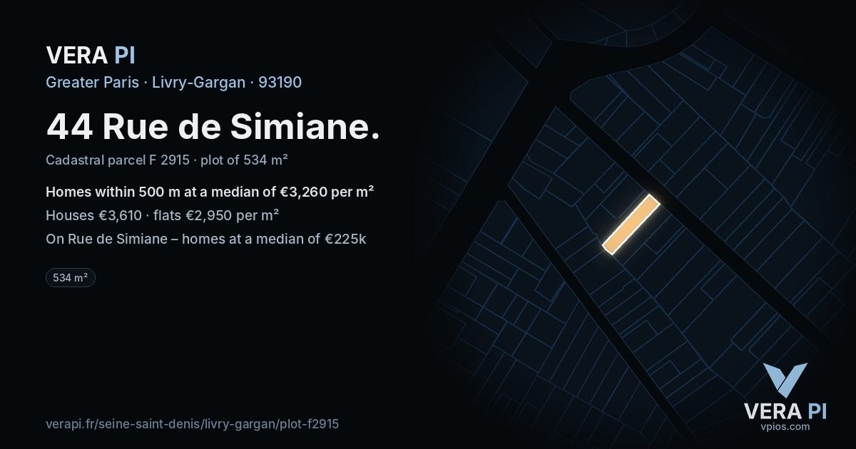 44 Rue de Simiane, Livry-Gargan at night – the plot lit, the parcels around coloured by the prices near them