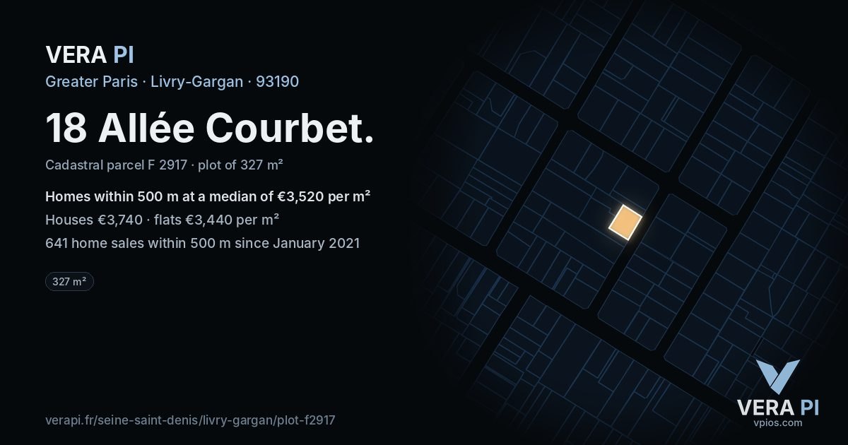 18 Allée Courbet, Livry-Gargan at night – the plot lit, the parcels around coloured by the prices near them