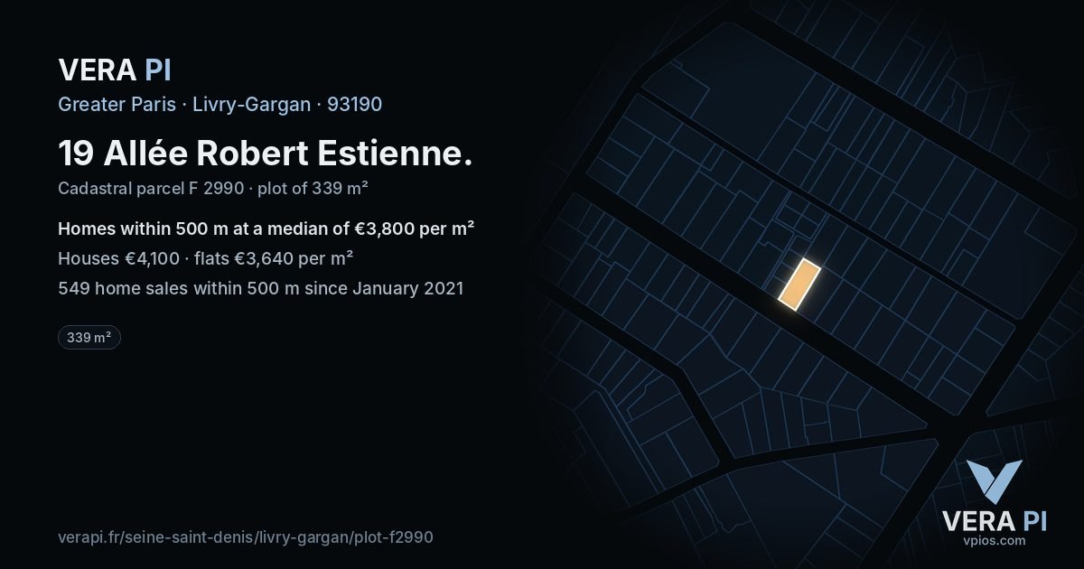 19 Allée Robert Estienne, Livry-Gargan at night – the plot lit, the parcels around coloured by the prices near them