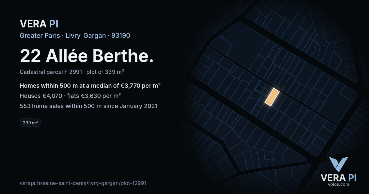 22 Allée Berthe, Livry-Gargan at night – the plot lit, the parcels around coloured by the prices near them